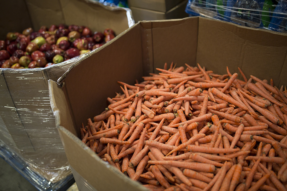 2 large, pallet sized boxes of veggies - one of carrots, the other of red apples. 