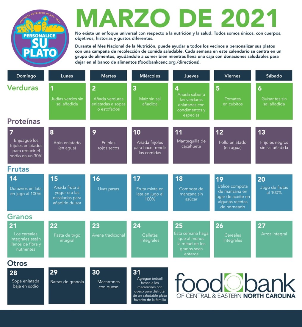 Spanish Language March 2021 National Nutrition Month Calendar with suggested healthy food donations listed for each day