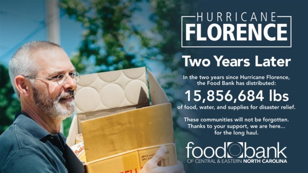 Man carrying box of food next to words,"Hurricanes Florence 2 Years Later - 15,856,684 lbs of food, water, and supplies for disaster relief distributed"