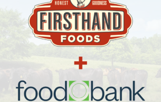 Firsthand Foods Logo & Food Bank logo overtop image of cows in a pasture surrounded by trees