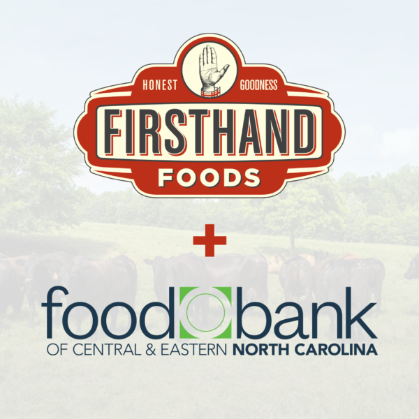 Firsthand Foods Logo & Food Bank logo overtop image of cows in a pasture surrounded by trees