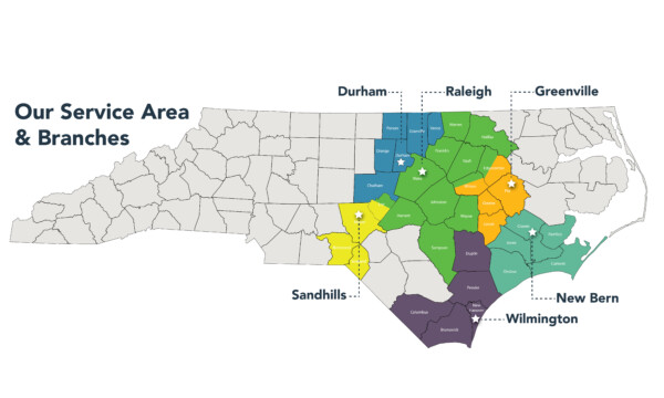 County Map of North Carolina showing Food Bank's 34 County Service Area Highlighted from the Piedmont to the Coast