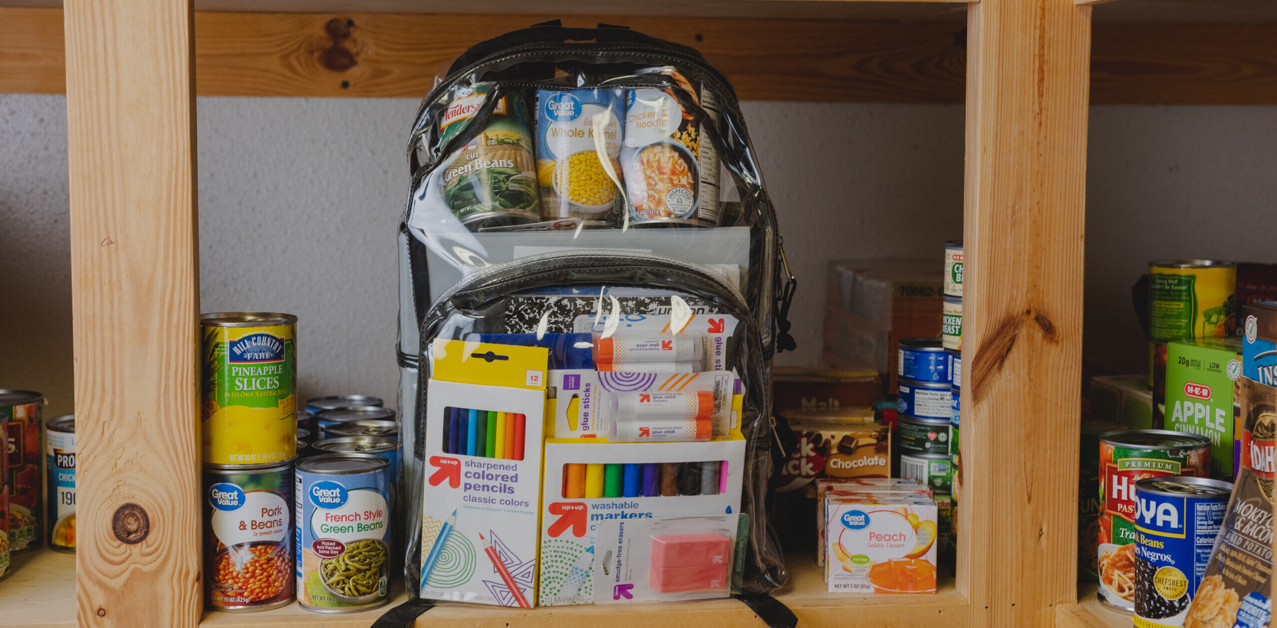 Weekend Power Pack — a take-home backpack filled with food and supplies — in a school pantry.